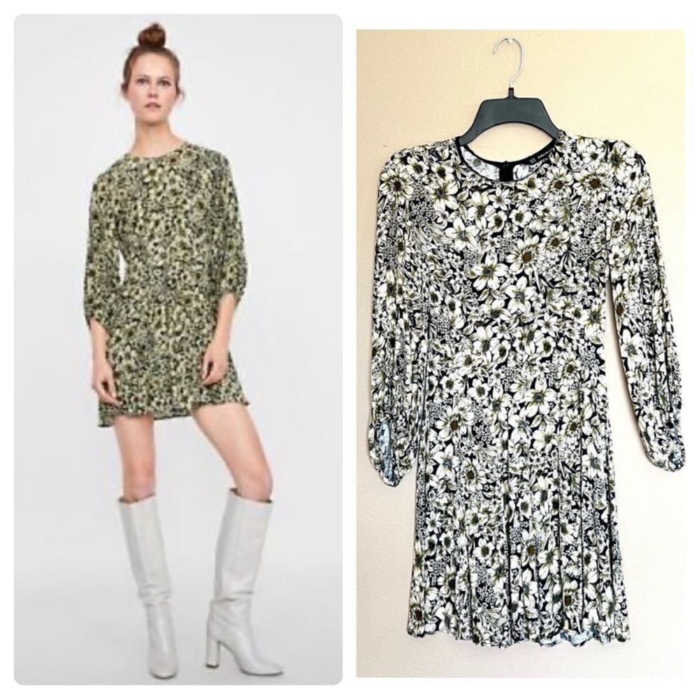 Zara Floral Print 3/4 Sleeve Mini Dress